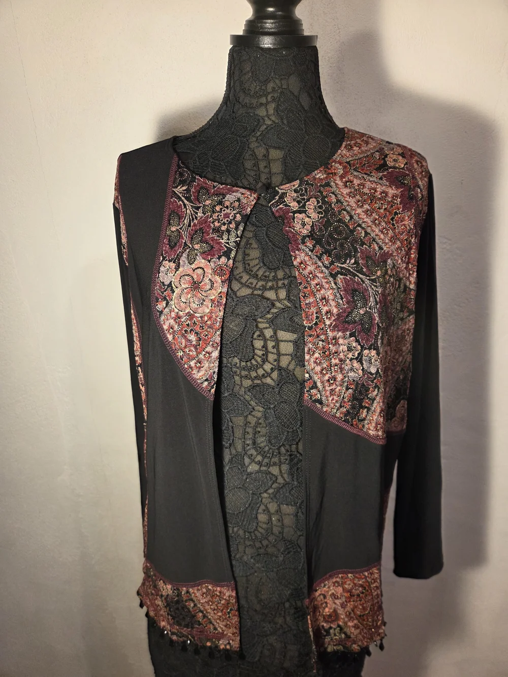 MSK Black Jacket with Burgundy and Pink Floral Panels